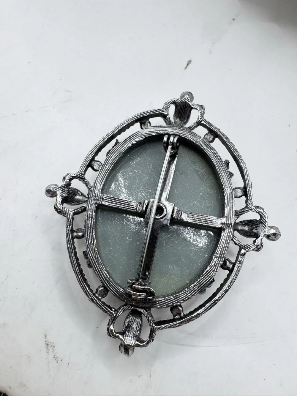 Vintage Victorian revival cameo brooch pin gray pewter